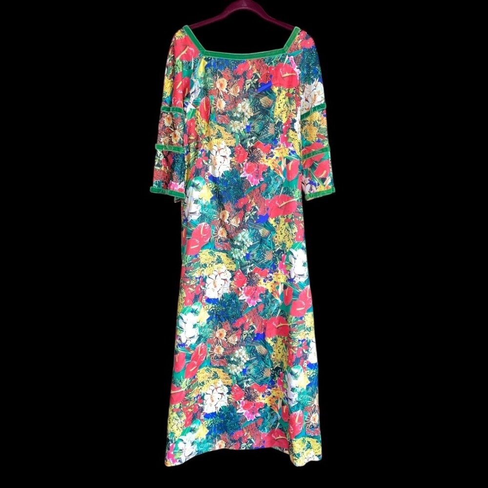 Vintage 1970s for Andrade Honolulu tropical floral Maxi Dress 3/4 Sleeves Sz16